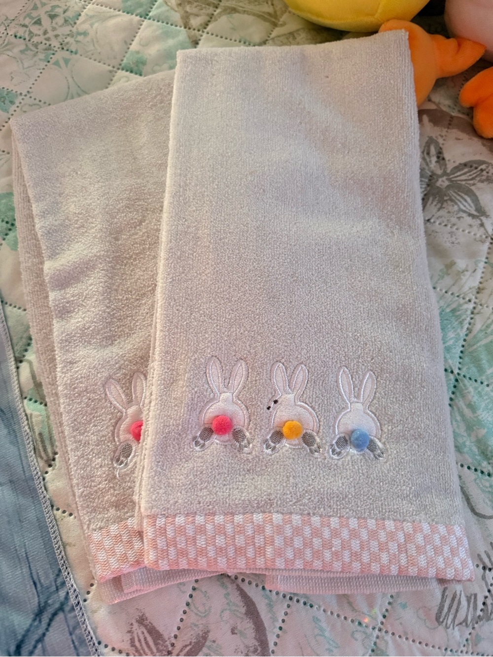 Set of 4 Mint & Gray Bunny Cotton Hand Towels
